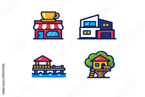 A set of four colorful vector icons featuring a coffee shop with a