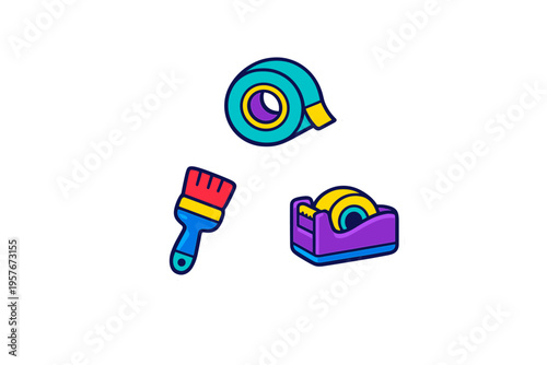 A collection of vibrant sticker-style icons featuring a roll of teal