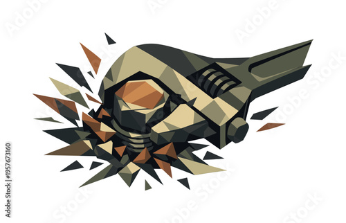 Adjustable wrench crushing a nut with geometric shards exploding outwards