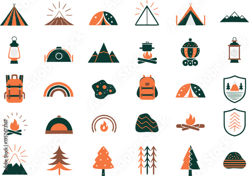 Set of various camping and outdoor travel equipment icons in a flat minimalist graphic design style Vector