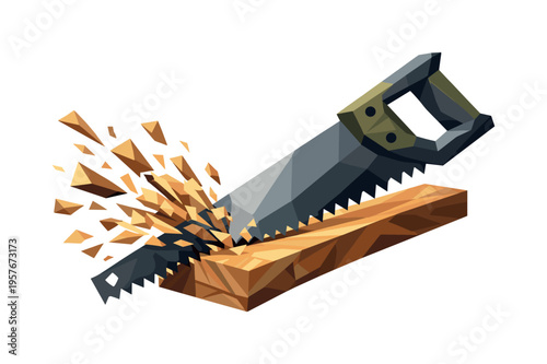 Geometric Sawdust Explosion. Low-poly vector illustration focused on sawdust spray cut, angular hand saw slicing through a