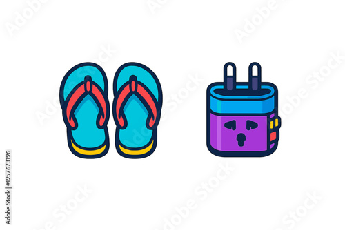 This vector illustration features a pair of blue and red flip-flops