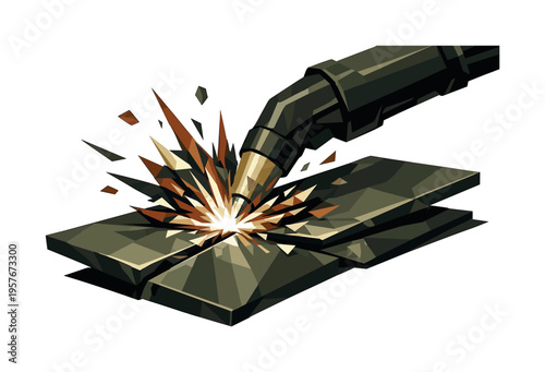 Precision plasma cutter creating sparks and molten metal on steel plates