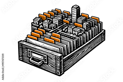 A woodcut style illustration of a filing cabinet drawer containing