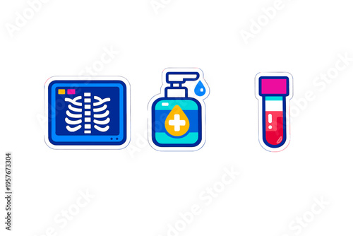 A set of three medical sticker icons featuring a ribcage x-ray on a