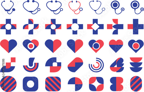 Collection of medical and healthcare themed icons featuring geometric shapes and clinical motifs Vector