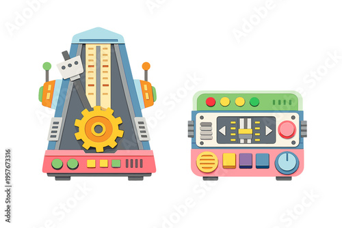 Stylized vector illustration of a playful metronome and a synthesizer