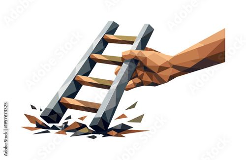 Low-poly vector illustration focused on ladder slip catch, angular construction ladder tilting suddenly with sharply faceted