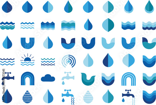 Collection of blue water themed vector icons featuring drops waves taps and abstract shapes Vector