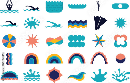 A collection of colorful graphic icons representing summer swimming and various water activities Vector