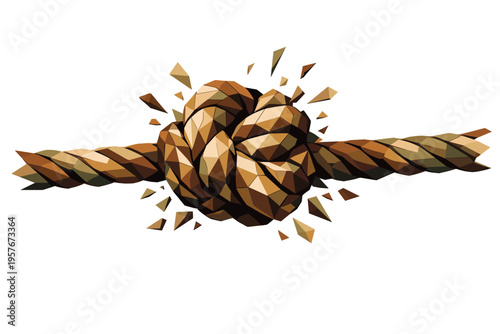 Low-poly vector illustration of a rope knot pulled tight, thick rope strands twisting into a compact central knot with sharply
