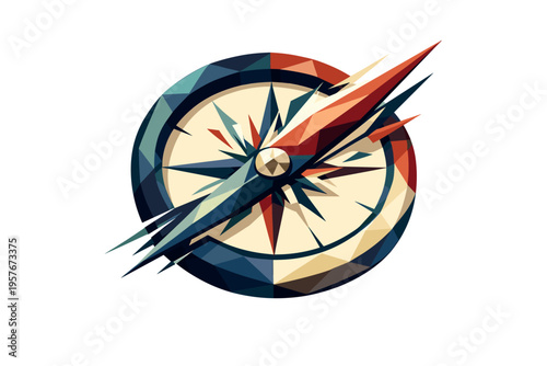 Low-poly vector illustration of a compass needle whipping rapidly across the compass face, elongated faceted needle forming a