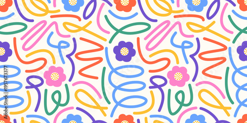 Seamless doodle  pattern with flowers, bows and curvy pastel lines on white background. Bright repeating composition with floral motifs, loops and soft multicolor elements in a cheerful style.