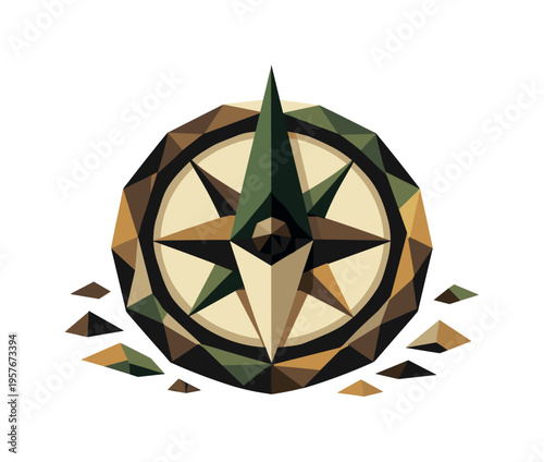 Low-poly vector illustration of a compass needle locked firmly into its final north direction after the snap, bold geometric