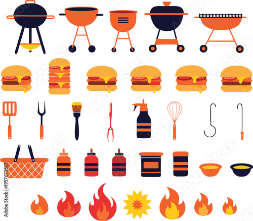 Collection of various barbecue equipment hamburger food items and cooking utensils for summer cookout Vector
