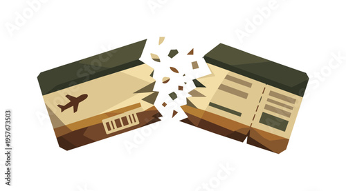 Low-poly vector illustration of two separated halves of a boarding pass drifting apart after the tear, angular polygon paper