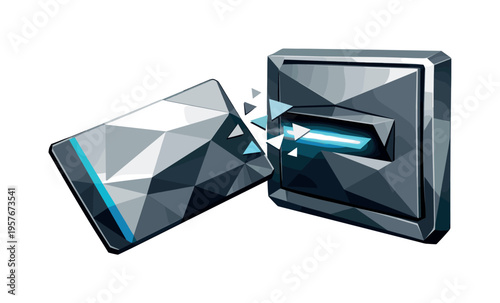Low-poly vector illustration of a hotel keycard approaching a wall-mounted card reader just before tapping, faceted rectangular