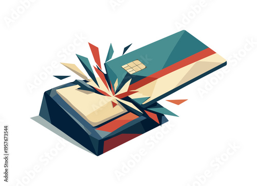 Credit card shattering into abstract geometric fragments, symbolizing financial crisis