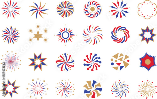 Collection of festive firework icons with red blue and gold colors for celebration and holiday Vector