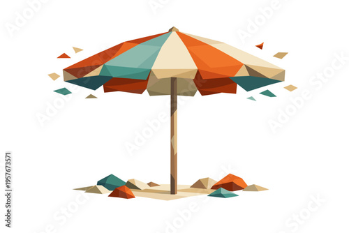 Low-poly vector illustration of a beach umbrella stabilized after opening, wide geometric canopy fully extended with crisp