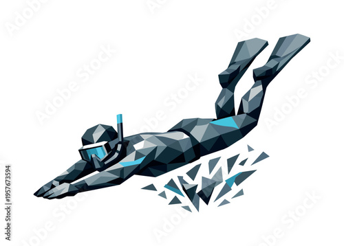 Geometric diver with snorkel and fins plunges into abstract water elements