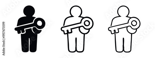 Person with Key Icon Set. User Access and Security Symbol. Solution Keyholder UI.