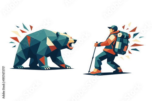 Bear-Hiker Standoff. Low-poly vector illustration of a bear and hiker locked in a tense freeze during a wilderness encounter,
