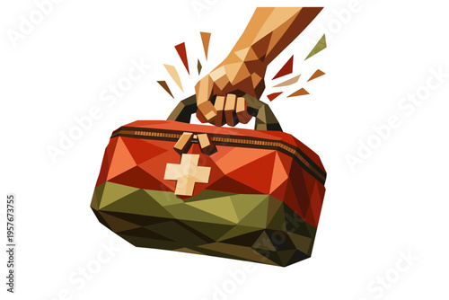 Emergency Kit Lift. Low-poly vector illustration of an emergency kit bag being grabbed firmly, faceted rectangular medical bag