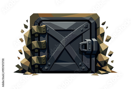 Heavy metal vault door with stone fragments breaking away from the sides