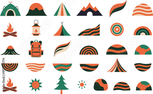 A collection of colorful flat vector icons featuring camping equipment and various nature elements Vector