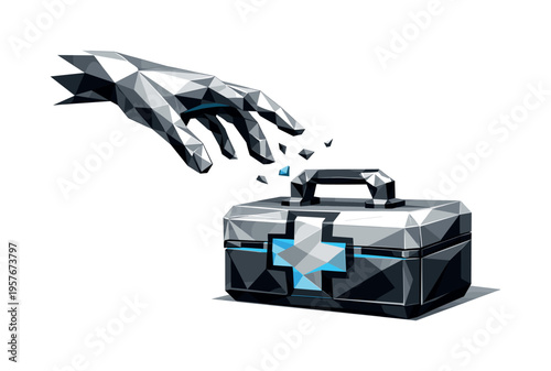 Low-poly vector illustration of a hand reaching toward an emergency kit just before grabbing it, angular human hand built from