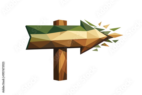 Low-poly vector illustration of an evacuation directional sign mounted on a post, bold arrow-shaped sign plate pointing clearly