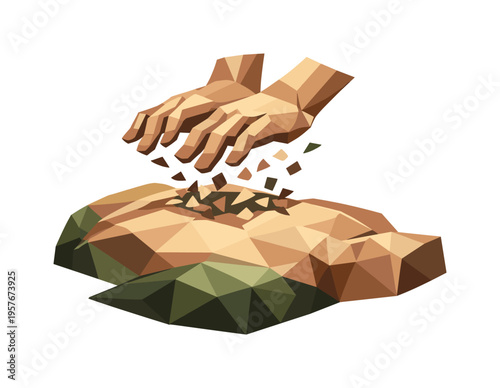 Low-poly vector illustration of hands rising slightly after a CPR compression release, angular hands lifting from the faceted