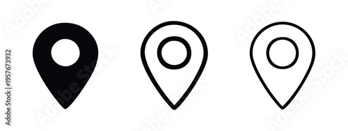 Location pin icon set for map navigation, GPS and destination marking in various styles