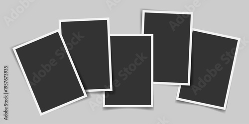 Minimal photo collage template with overlapping instant frames. Scattered image frames with drop shadow. Blank photo placeholders. Great for portfolio presentation, posters, photo gallery layouts