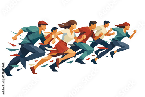 Dynamic Escape Sprint. Low-poly vector illustration of a crowd sprinting rapidly during an escape, faceted figures stretched in