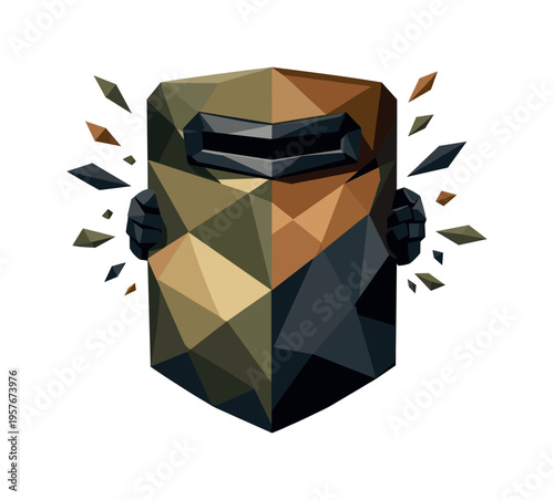 Low-poly vector illustration of a riot shield held forward as the central defensive object, large faceted shield with sharp