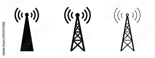 Communication Tower Icons with Signal Waves, Wireless Telecommunication Mast Symbols