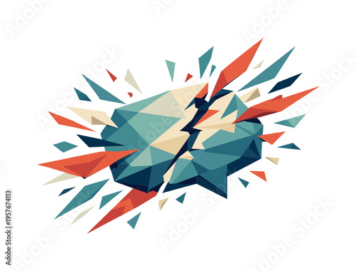 Low-poly vector illustration of a chat bubble popping explosively, faceted speech bubble splitting apart while triangular polygon