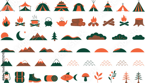 Set of flat camping and outdoor adventure icons featuring tents fires mountains and hiking gear Vector