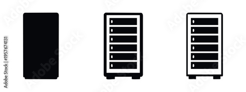 Server Rack and Computer Tower Icon Set, Data Center Hardware Symbol, IT Infrastructure Signs in Different Styles
