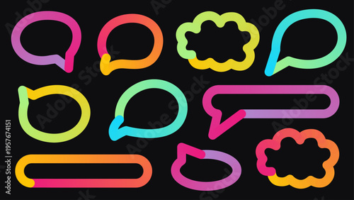 Neon gradient speech bubble set on black background. Bright chat and dialog balloons, labels and callouts for social media posts, messaging apps, stickers, posters, banners and UI. Retro vibe, pop.