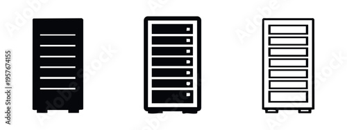 Server Rack and Data Storage Unit Icon Set, IT Hardware Cabinet Symbol, Computing Equipment Signs