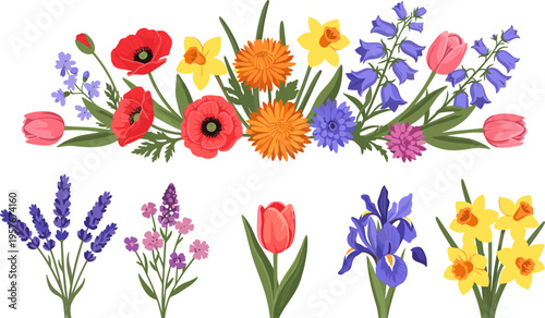 Flat Floral Vector Set, Colorful Spring Flowers Collection and Bouquet Arrangement Isolated on White