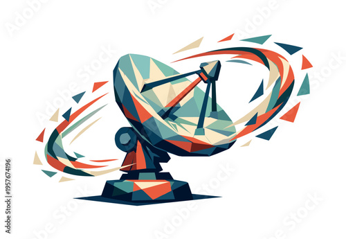 Low-poly vector illustration of a satellite dish rotating rapidly to track a signal, faceted dish sweeping diagonally while