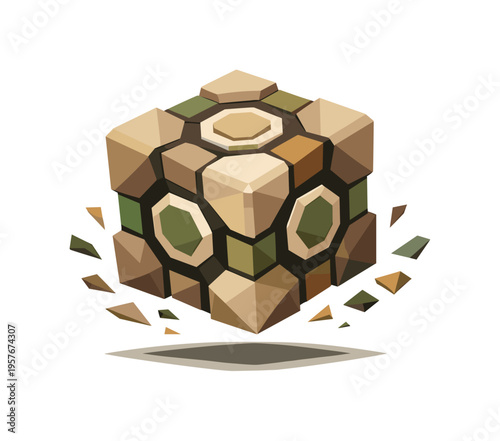 Rotating Geometric Cube. Low-poly vector illustration of a portal cube stabilizing after rotation, angular cube hovering calmly