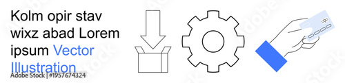 Automation, e-commerce, workflow optimization, digital services, financial transactions, and data processes. Gear, hand holding card arrow pointing to box. Automation and e-commerce concepts
