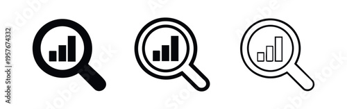 Data analysis search icon set. Magnifying glass with bar chart symbol. Statistics and business analytics vector.