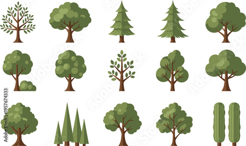 Flat Green Tree Icons Set Isolated on White Background for Environment and Nature Design Graphics