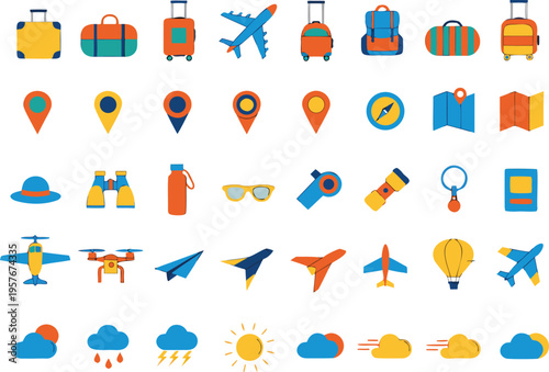 Collection of colorful travel and tourism icons featuring luggage transportation and weather signs Vector